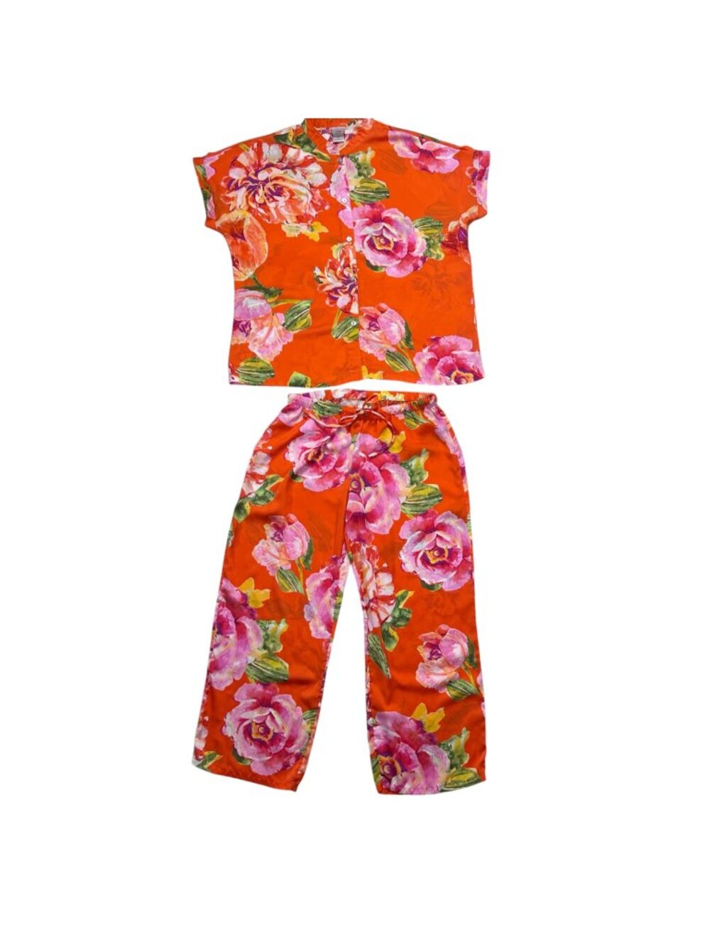 Natori Small Satin FloralTropical Pajama Loungewear Set Pant Top